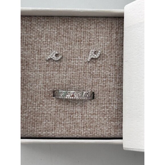 Pura Vida CZ Wave Earring & Ring Set Size 9 Silver Jewelry Gift Box - Picture 2 of 3